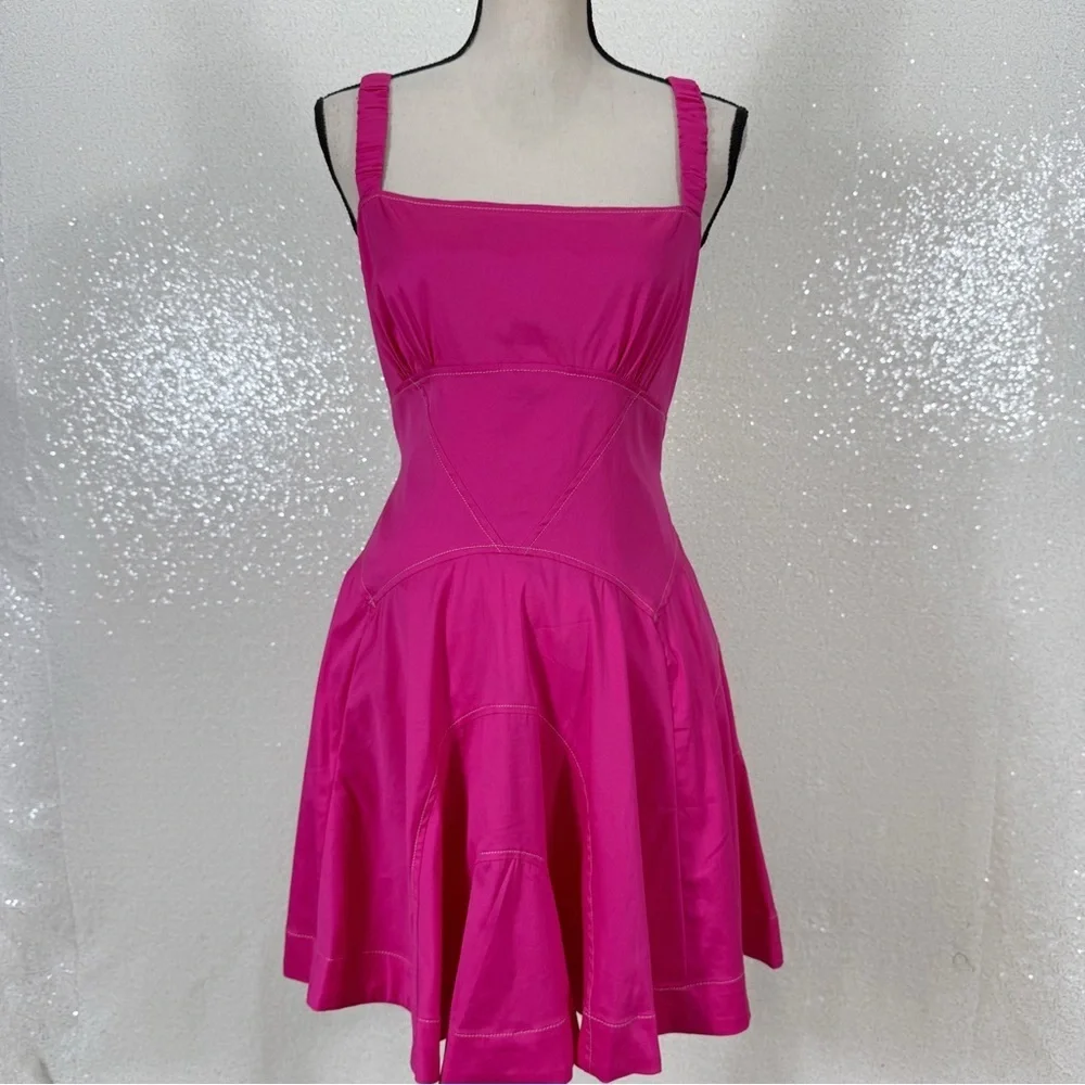 Anthropologie Pink Fit & Flare Mini Dress Size L Ruched Strap Back Zip NWT - Picture 5 of 11